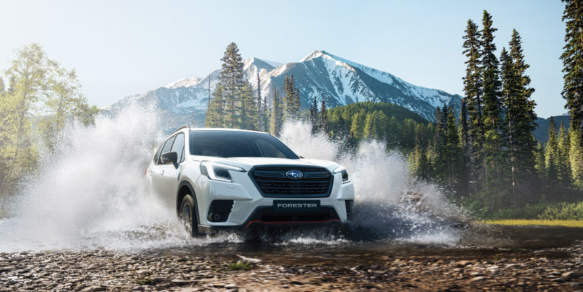 Subaru Forester todoterreno en color blanco como agua y piedras con árboles de fondo.