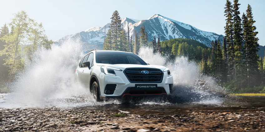 Subaru forester color blanco en laguna con montañas nevadas de fondo.